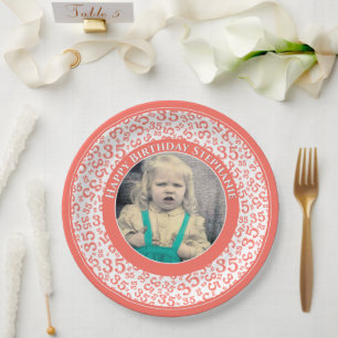 35 Your Photo Random Number Pattern Coral/White Paper Plate
