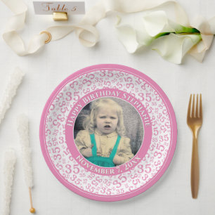 35 Your Photo Random Number Pattern Pink/White Paper Plate