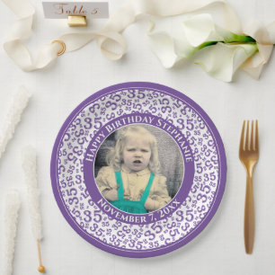 35 Your Photo Random Number Pattern Purple/White Paper Plate