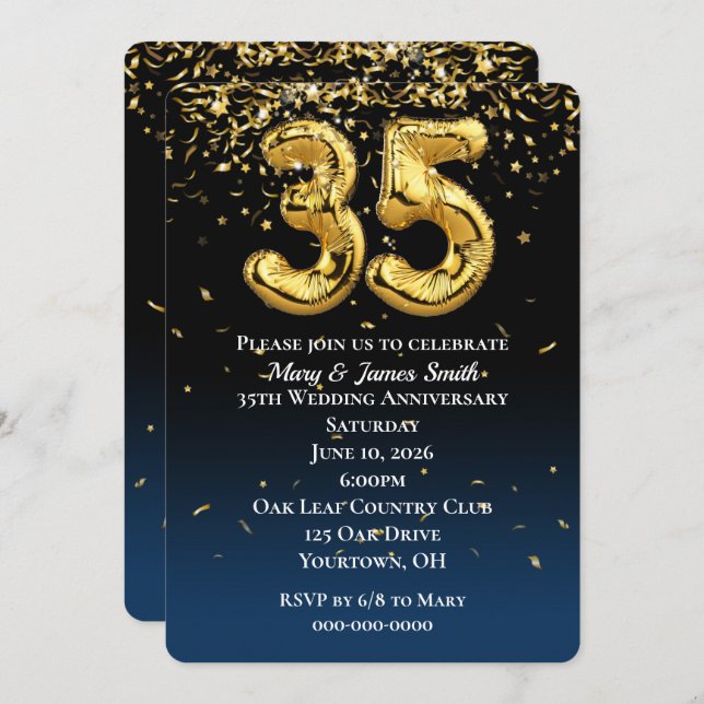 35th Anniversary Gold Balloons & Confetti Invitation (Front/Back)