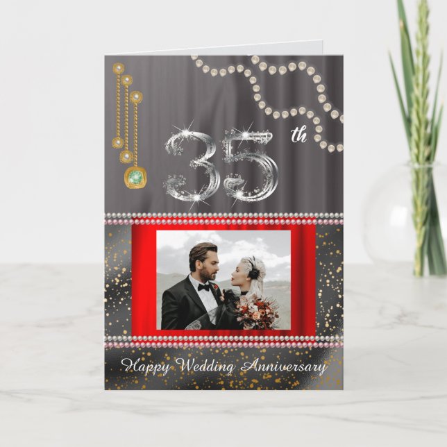 35th Anniversary Photo Greeting | Emerald & Silver Card (Front)