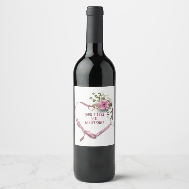 35th Anniversary Pink Heart Ribbon Wine Label (Front)