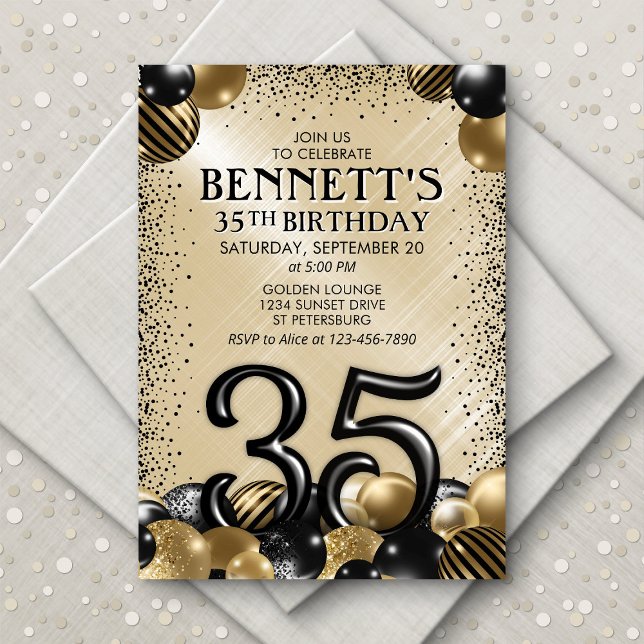 35th Balloons Black Gold Birthday Invitation (Creator Uploaded)