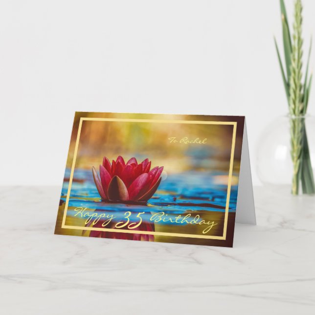 35th Bday Rachel Red Water Lily Gold Frame Elegant Card (Front)