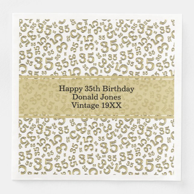 35th Birthday Age Number Pattern Gold/White Napkin (Front)