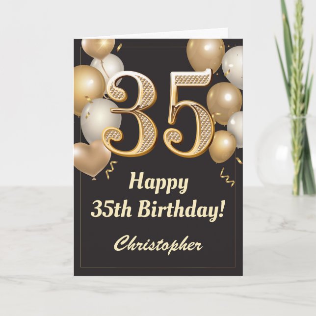 35th Birthday Black and Gold Balloons Confetti Card (Front)