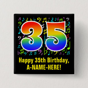 35th Birthday: Colorful Music Symbols, Rainbow 35 15 Cm Square Badge