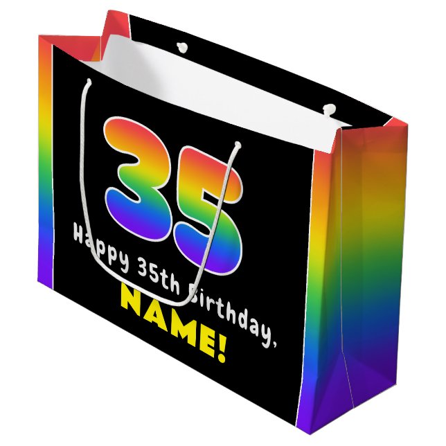 35th Birthday: Colourful Rainbow # 35, Custom Name Large Gift Bag (Front Angled)