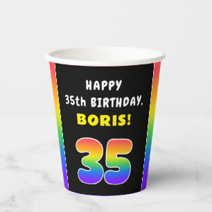 35th Birthday: Colourful Rainbow # 35, Custom Name Paper Cups
