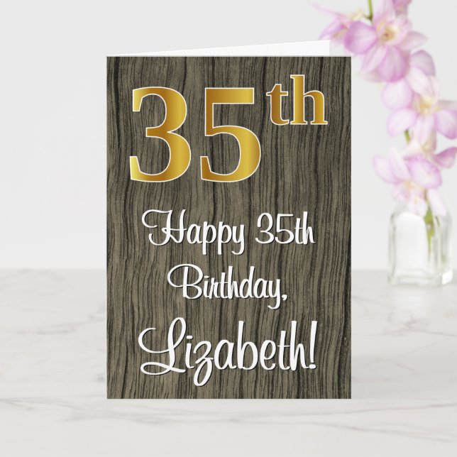35th Birthday: Elegant Faux Gold Look #, Faux Wood Card (Orchid)