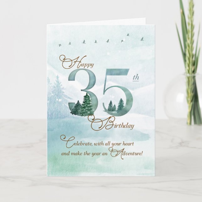 35th Birthday Evergreen Pines and Deer Nature Card (Front)