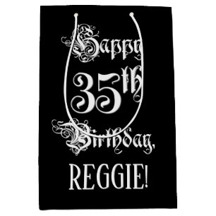 35th Birthday: Fancy, Elegant Script + Custom Name Medium Gift Bag