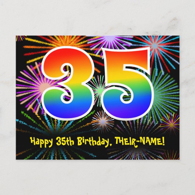 35th Birthday – Fun Fireworks Pattern + Rainbow 35 Postcard (Front)