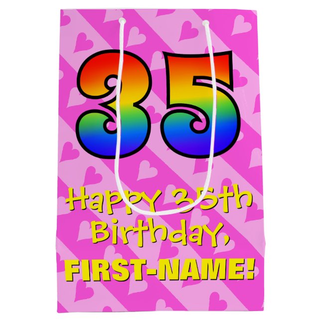 35th Birthday: Fun Pink Hearts Stripes; Rainbow 35 Medium Gift Bag (Back)