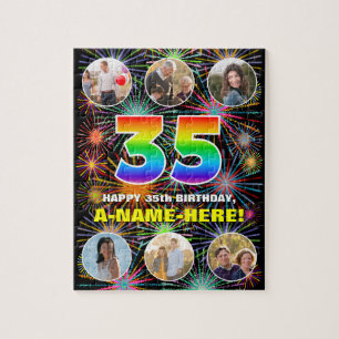 35th Birthday: Fun Rainbow #, Custom Name + Photos Jigsaw Puzzle