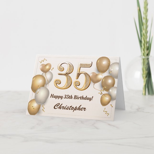 35th Birthday Gold Balloons and Confetti Birthday Card (Front)
