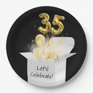 35th Birthday Gold Balloons In White Box    Paper Plate