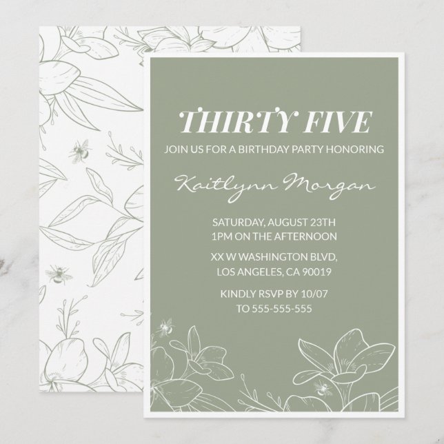 35th birthday invitations Elegant Floral (Front/Back)
