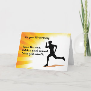 35th Birthday Man Running with Sunburst Background Card
