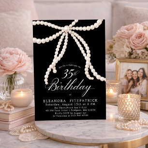 35th Birthday Party Black White Coquette Pearl Bow Invitation