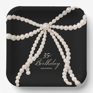35th Birthday Party Black White Pearl Bow Elegant Paper Plate