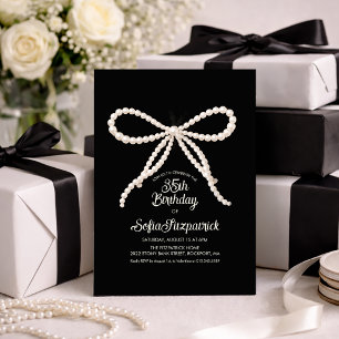 35th Birthday Party Black White Pearl Bow Invitation