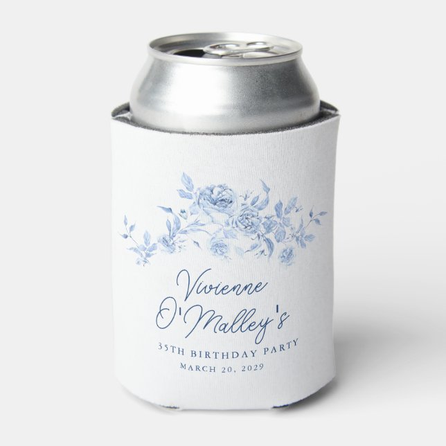 35th Birthday Party Blue Rose Floral Custom Can Cooler (Can Front)