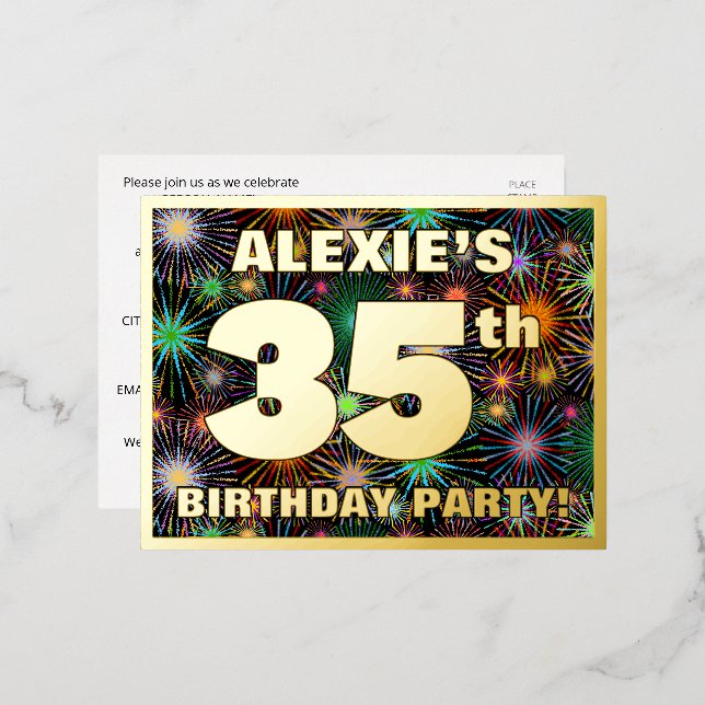 35th Birthday Party: Bold, Colourful Fireworks Loo Foil Invitation Postcard (Front/Back)
