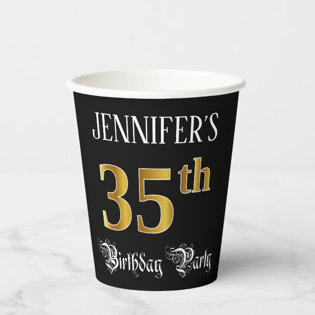 35th Birthday Party — Fancy Script, Faux Gold Look Paper Cups (Front)