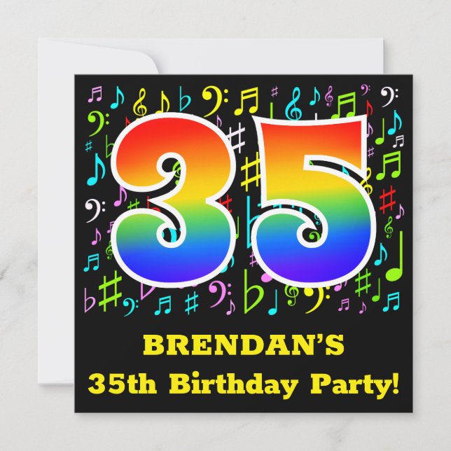 35th Birthday Party: Fun Music Symbols, Rainbow 35 Invitation (Front)