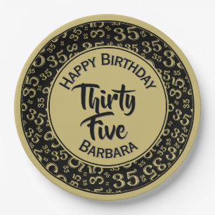 35th Birthday Party Number Pattern Black/Gold Paper Plate