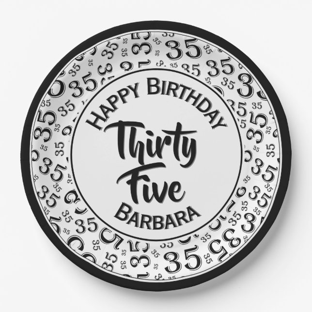 35th Birthday Party Number Pattern Black/White Paper Plate (Front)