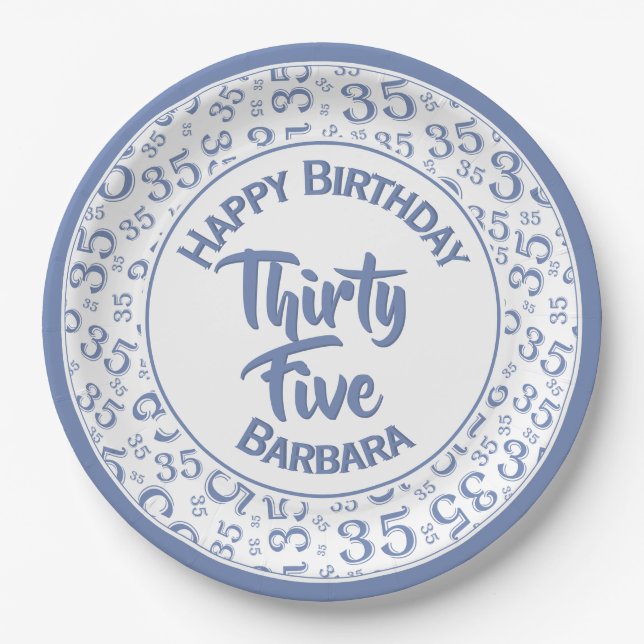 35th Birthday Party Number Pattern Blue/White Paper Plate (Front)