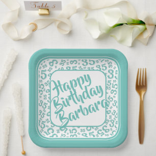 35th Birthday Party Number Pattern Teal/White Paper Plate
