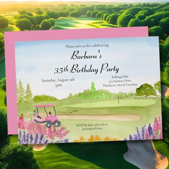 35th Birthday Party Pink Golf Cart Golf Course Invitation (Creator Uploaded)