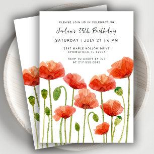 35th Birthday Party Watercolor Floral Poppies  Invitation