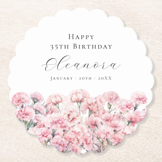 35th Birthday Pink Carnation January Birth Flower Paper Coaster (Front)