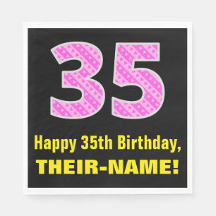 35th Birthday: Pink Stripes and Hearts "35" + Name Napkin