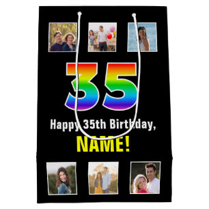35th Birthday: Rainbow “35“, Custom Photos & Name Medium Gift Bag