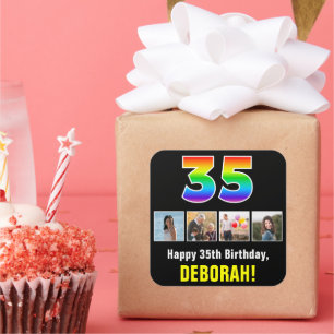 35th Birthday: Rainbow “35”; Custom Photos & Name Square Sticker