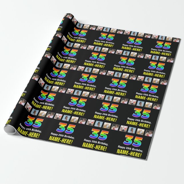 35th Birthday: Rainbow “35“; Custom Photos & Name Wrapping Paper (Unrolled)