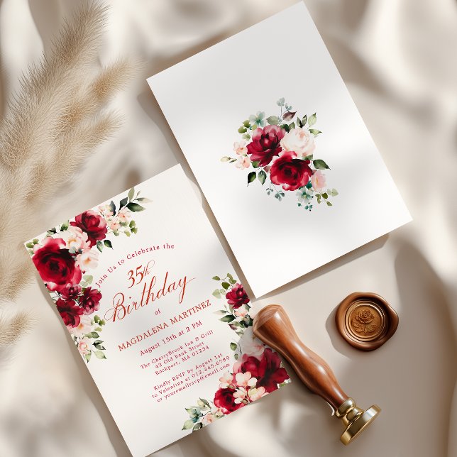 35th Birthday Red Rose Pink Peony Floral Invitation (Creator Uploaded)