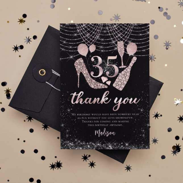 35th Birthday Rose Gold & Black Glitter Thank You Card (Creator Uploaded)
