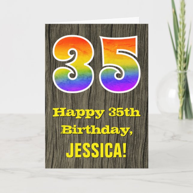 35th Birthday: Rustic Faux Wood Look, Rainbow "35" Card (Front)
