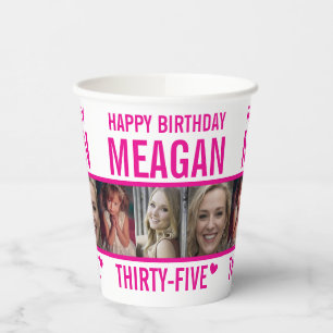 35th birthday three photos hot pink and white paper cups