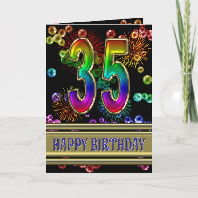 35th Birthday with rainbow bubbles and fireworks Card (Front)