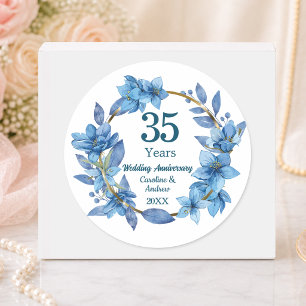 35th Blue Floral Coral Wedding Anniversary Classic Round Sticker