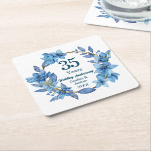 35th Blue Floral Coral Wedding Anniversary Square Paper Coaster