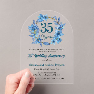 35th Blue Floral Surprise Wedding Anniversary Acrylic Invitations