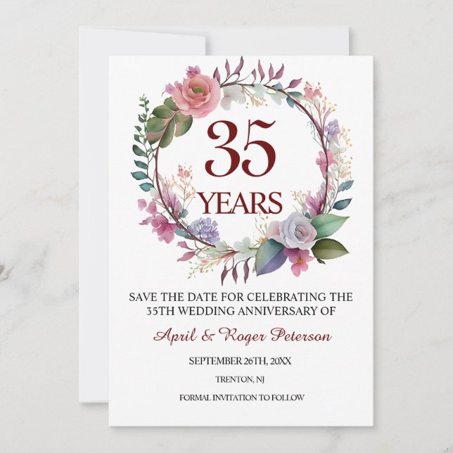 35th Coral Wedding Anniversary Floral Save The Date (Front)